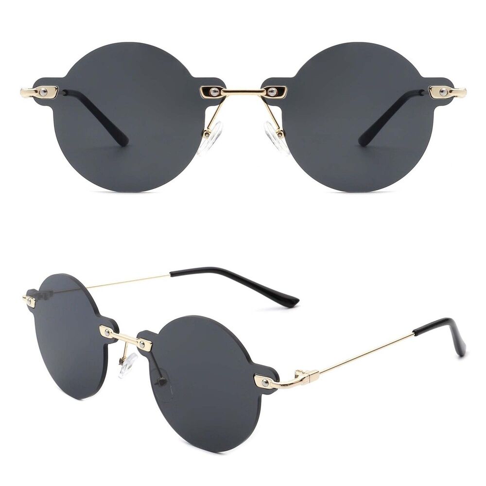 Vintage Aura Circle Retro Round Rimless Black Tinted Fashion Sunglasses